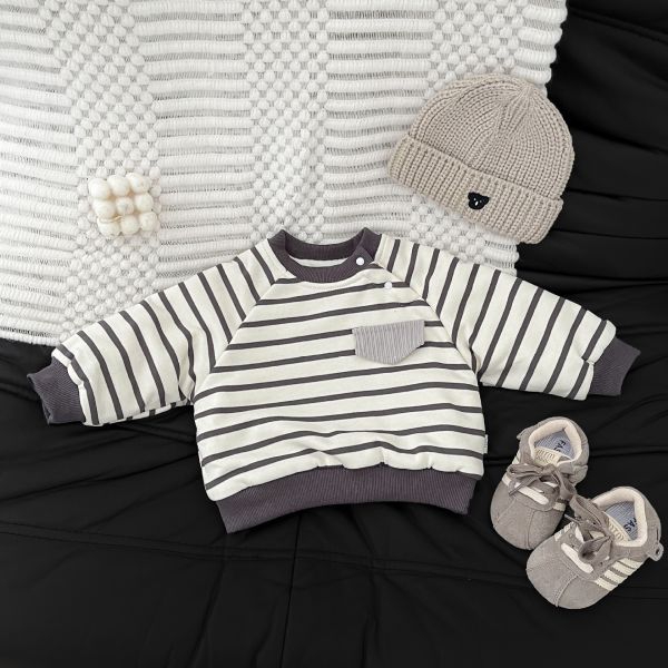 冷色系條紋口袋加絨上衣 