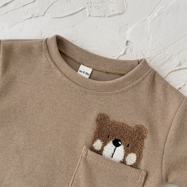 胸前口袋呆熊縮口褲套裝 