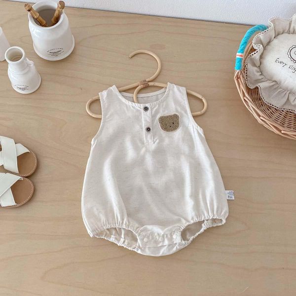 素色胸前呆呆熊無袖包屁 