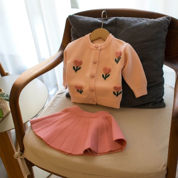 花朵刺繡針織百褶套裝 