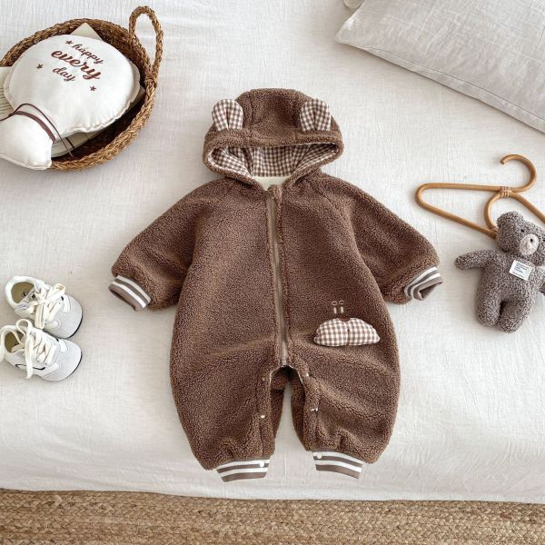 格紋熊耳絨毛連身衣 