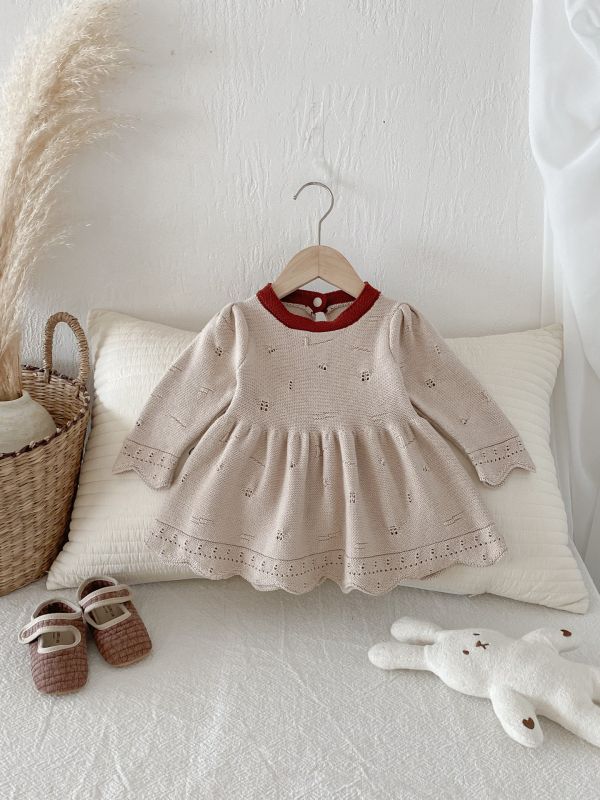 紅色領花邊下擺連衣裙 