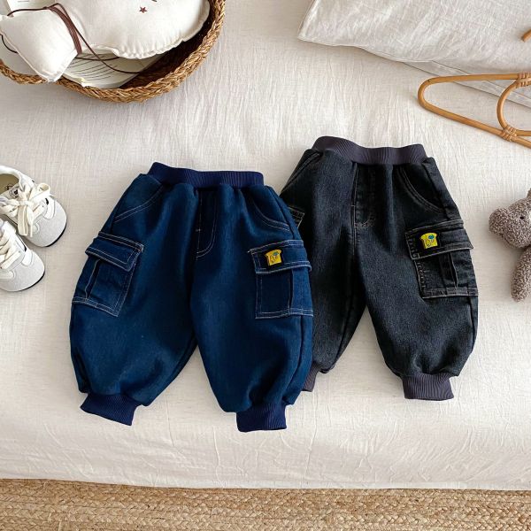 保暖款小口袋牛仔工裝褲 