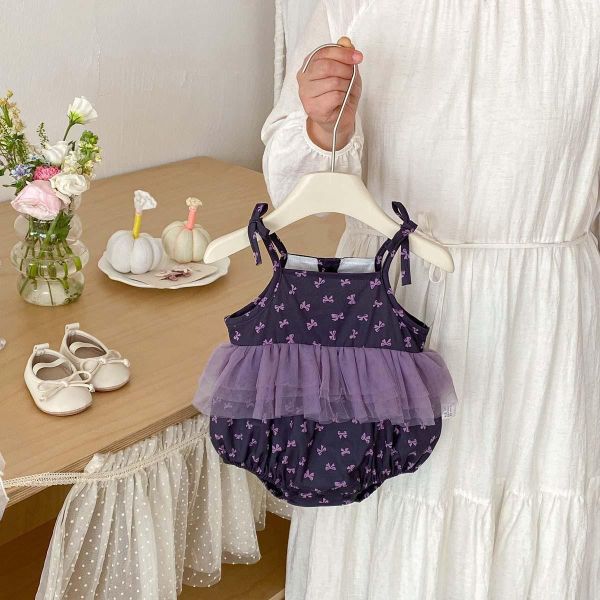 紫色網紗蝴蝶結綁帶包屁 