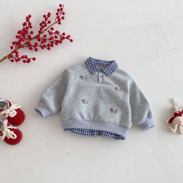 小狗刺繡假兩件格紋領上衣 