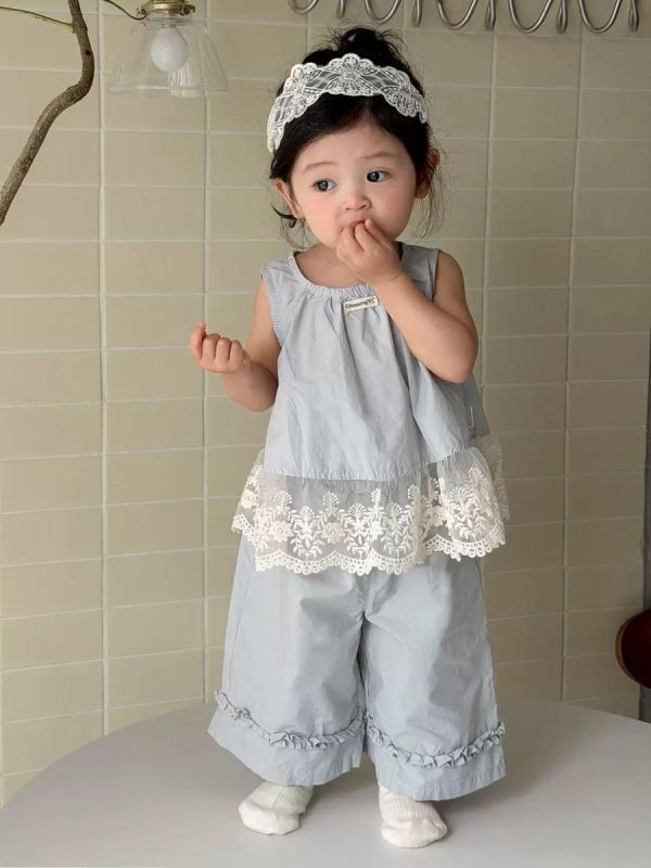 療癒藍蕾絲下擺套裝 