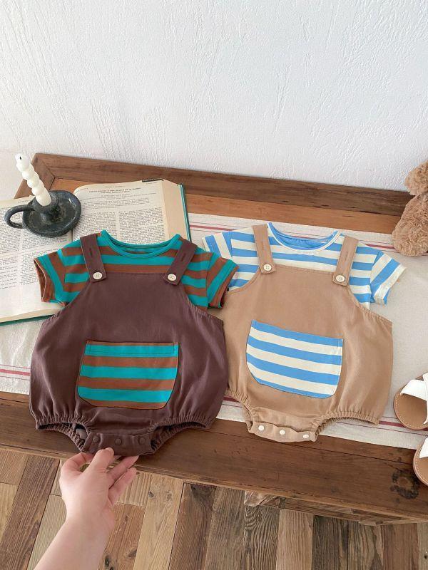 橫條紋口袋吊帶套裝 