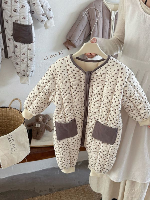 大地色動物雙口袋連身衣 