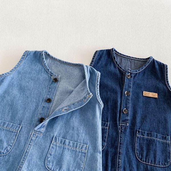 藍色牛仔系雙口袋連身衣｜附帽 