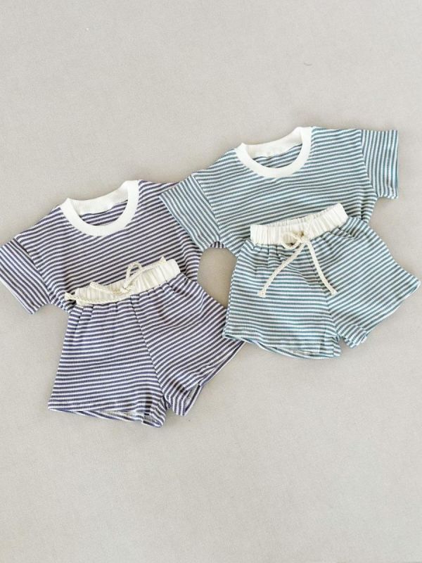 華夫格條紋短袖綁帶套裝 