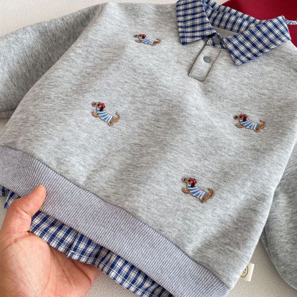 小狗刺繡假兩件格紋領上衣 