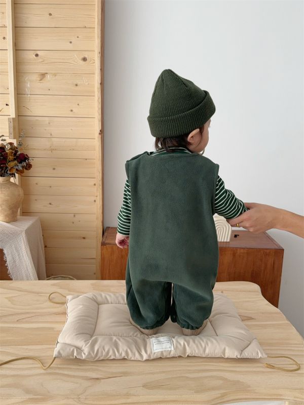 條紋袖動物絨絨連身衣 