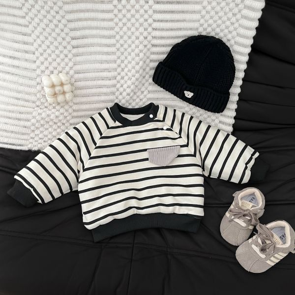 冷色系條紋口袋加絨上衣 