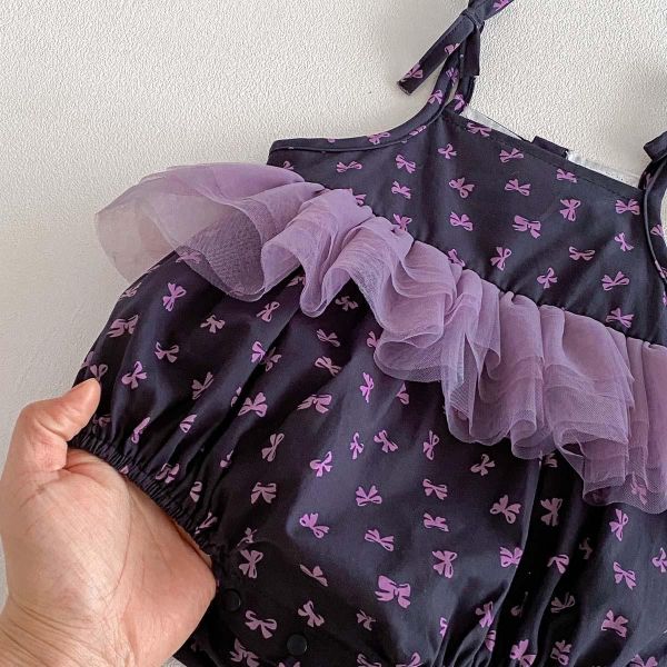 紫色網紗蝴蝶結綁帶包屁 