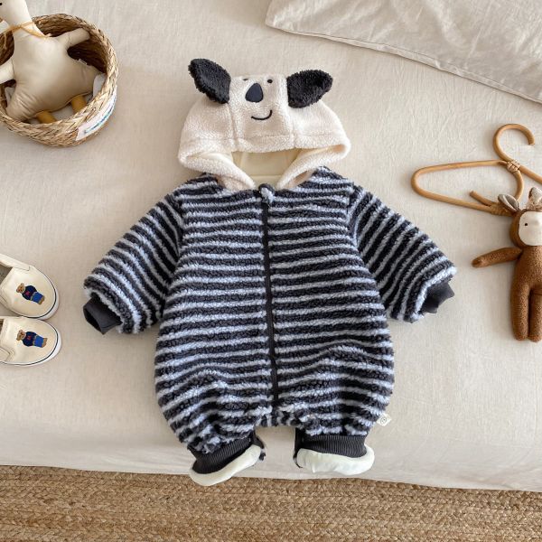 動物臉毛絨條紋連身衣 