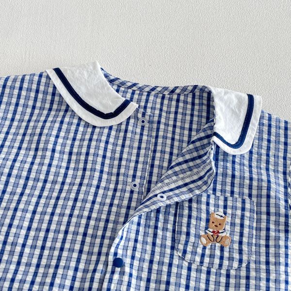 清新藍格子無袖連身衣 