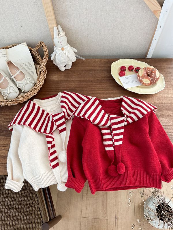 紅白糖果翻領披肩針織衣 