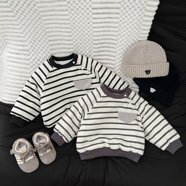 冷色系條紋口袋加絨上衣 