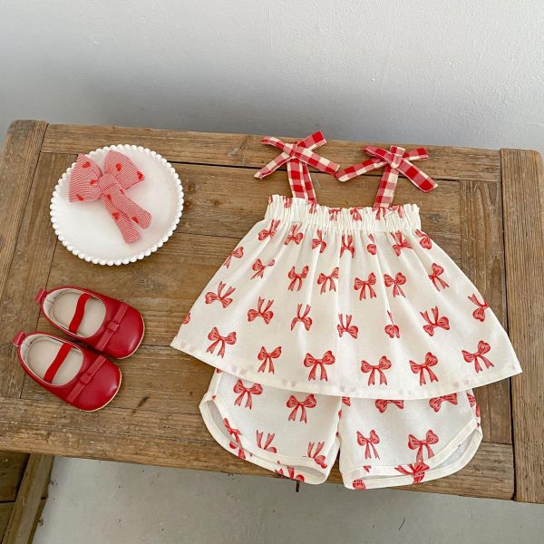 滿印蝴蝶結飄感吊帶套裝 