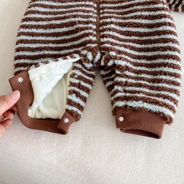 動物臉毛絨條紋連身衣 