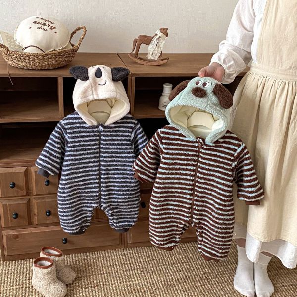 動物臉毛絨條紋連身衣 