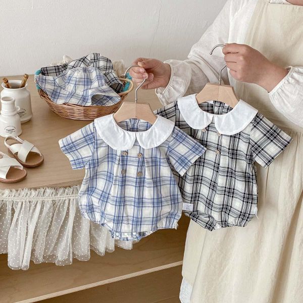 復古格子短袖薄款包屁｜附帽 