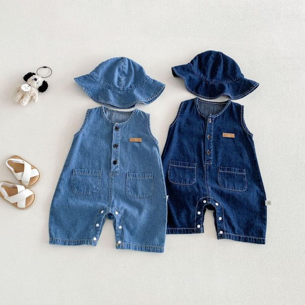 藍色牛仔系雙口袋連身衣｜附帽 