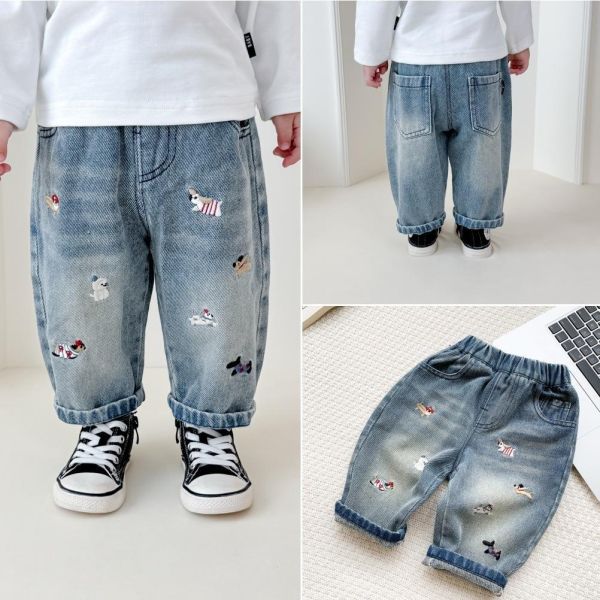 狗狗大集合刺繡牛仔長褲 