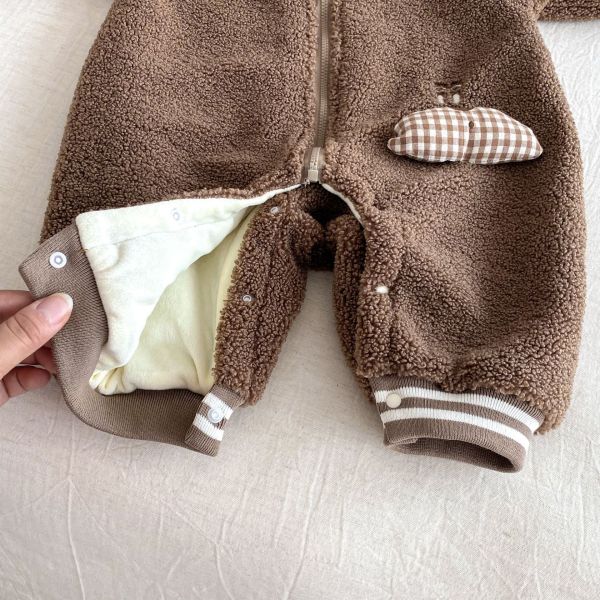 格紋熊耳絨毛連身衣 