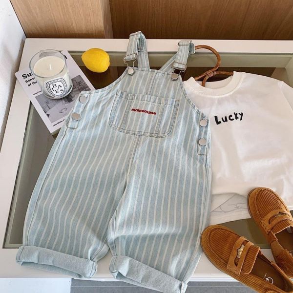 淡藍帥氣感條紋吊帶褲 