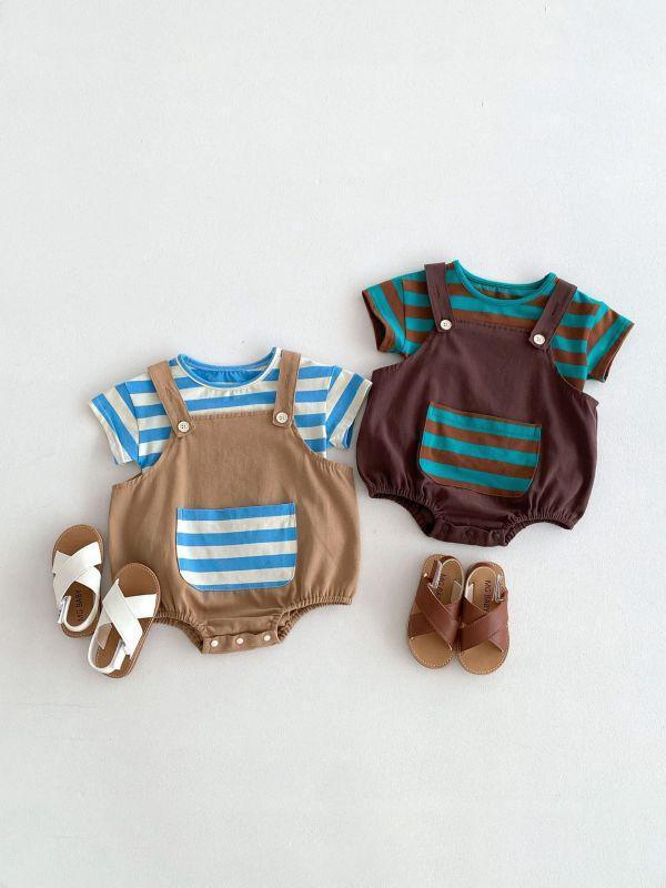 橫條紋口袋吊帶套裝 