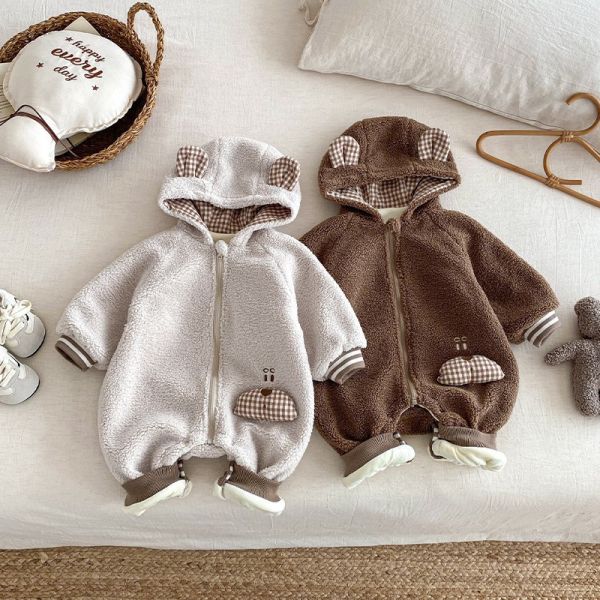 格紋熊耳絨毛連身衣 