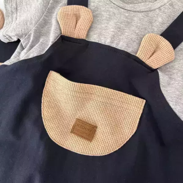 小熊耳口袋拼接連身衣 