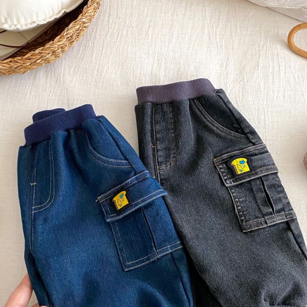 保暖款小口袋牛仔工裝褲 