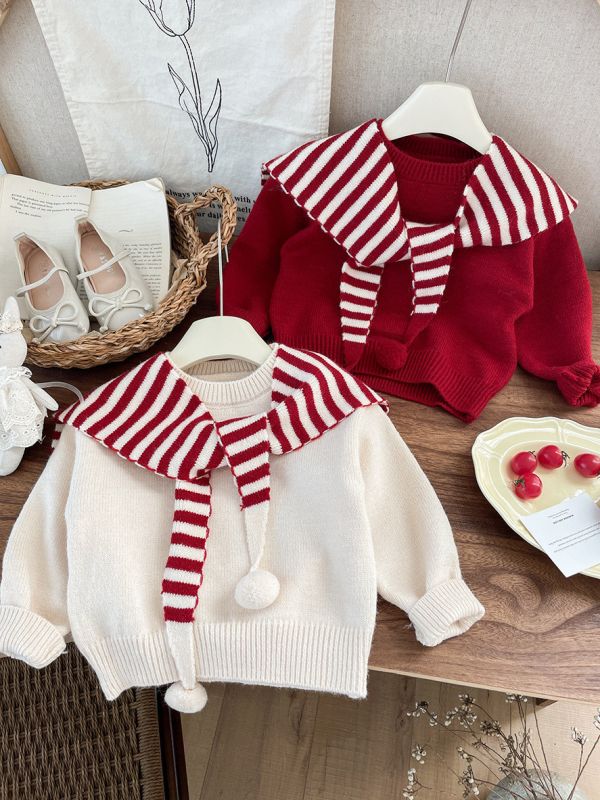 紅白糖果翻領披肩針織衣 