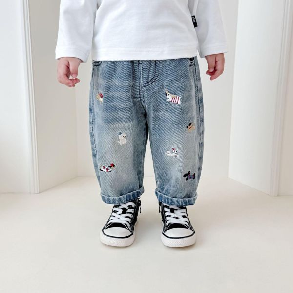 狗狗大集合刺繡牛仔長褲 