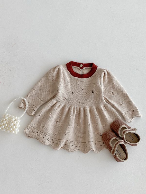 紅色領花邊下擺連衣裙 