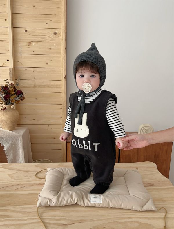 條紋袖動物絨絨連身衣 