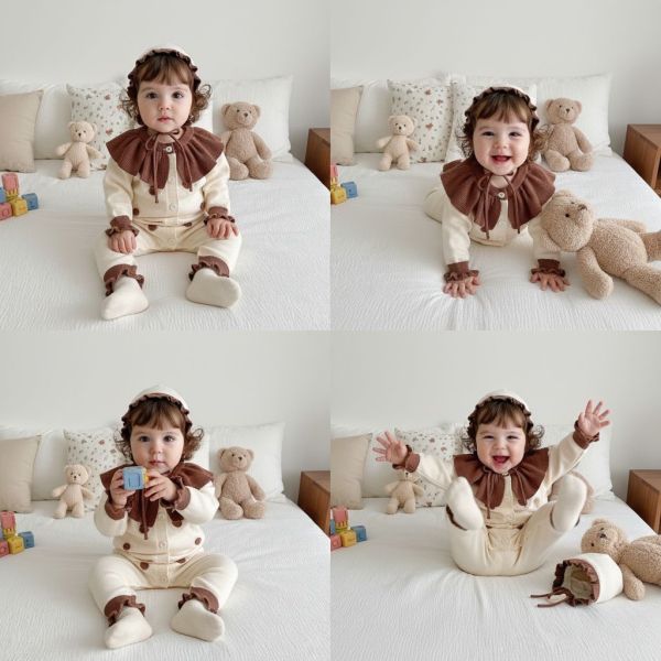 奶油荷葉邊針織連身衣套組 