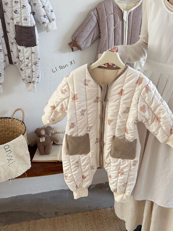 大地色動物雙口袋連身衣 