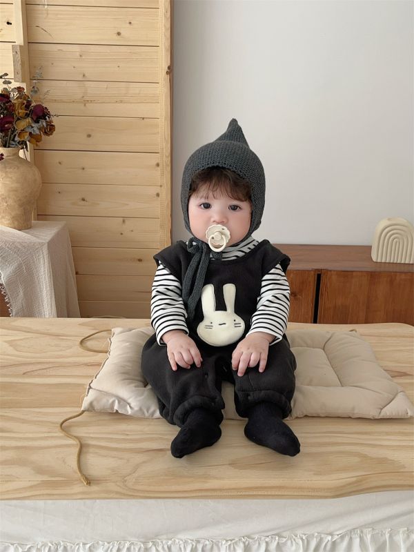 條紋袖動物絨絨連身衣 