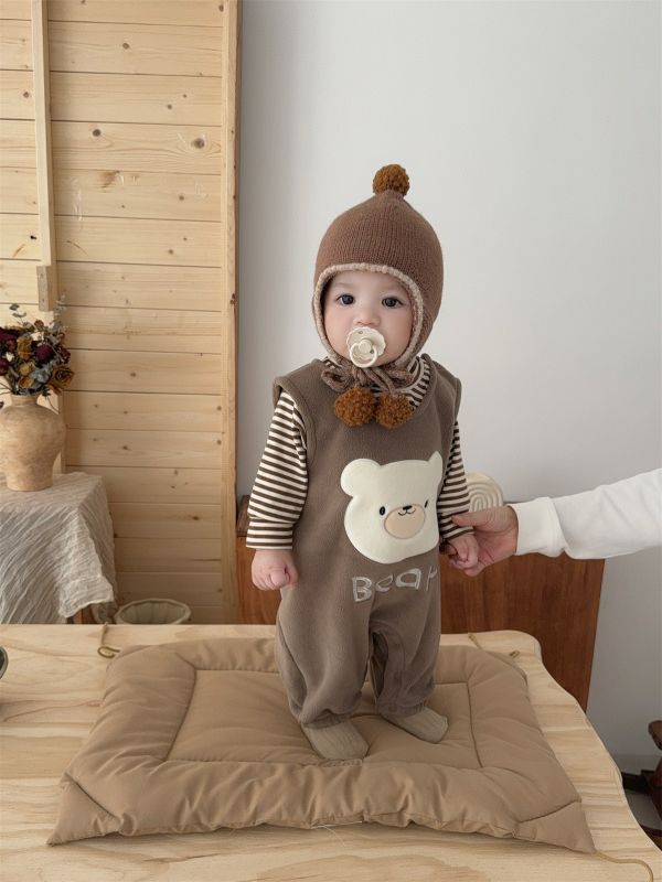 條紋袖動物絨絨連身衣 