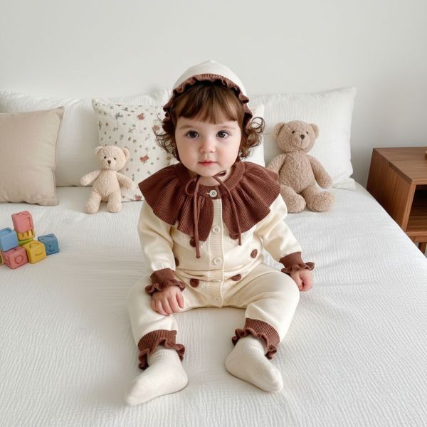 奶油荷葉邊針織連身衣套組 