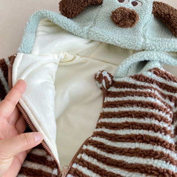 動物臉毛絨條紋連身衣 