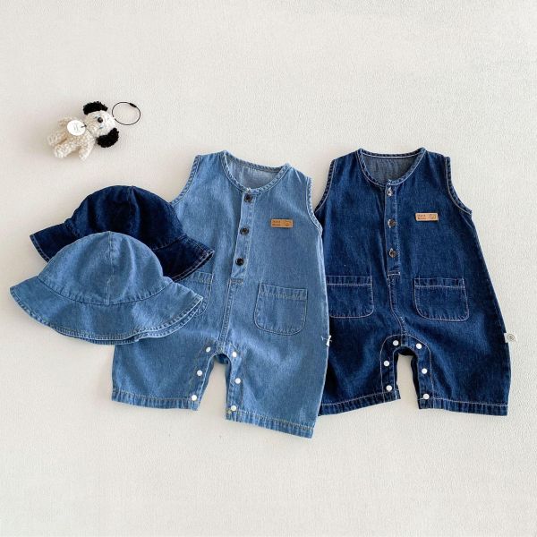 藍色牛仔系雙口袋連身衣｜附帽 