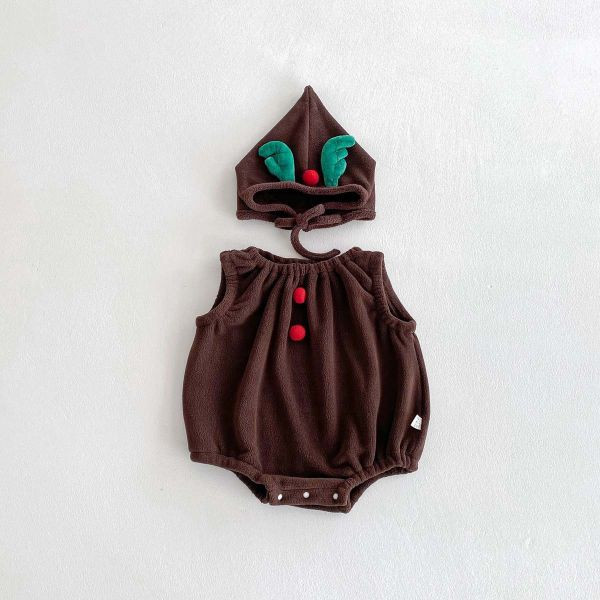 三色聖誕無袖包屁｜附帽 