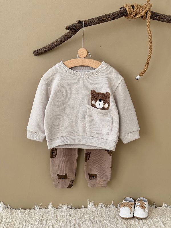 胸前口袋呆熊縮口褲套裝 