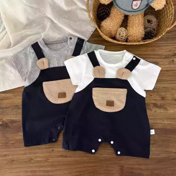 小熊耳口袋拼接連身衣 