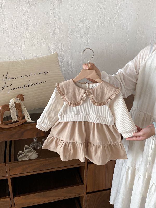 華夫格焦糖領裙子套裝 