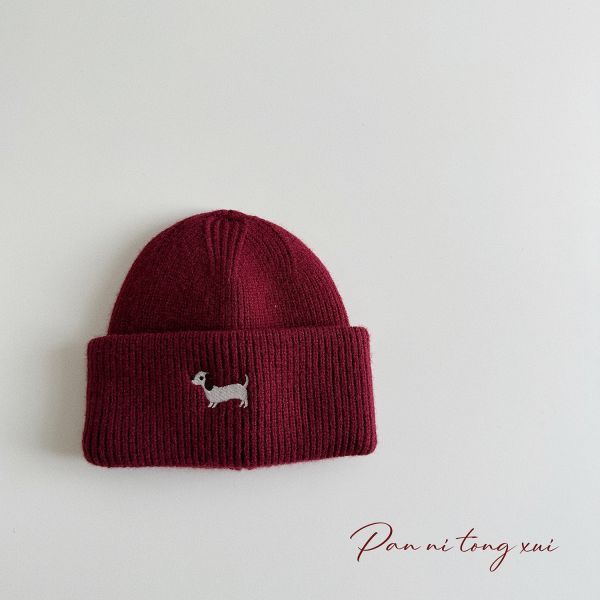 刺繡小狗捲邊毛線帽 